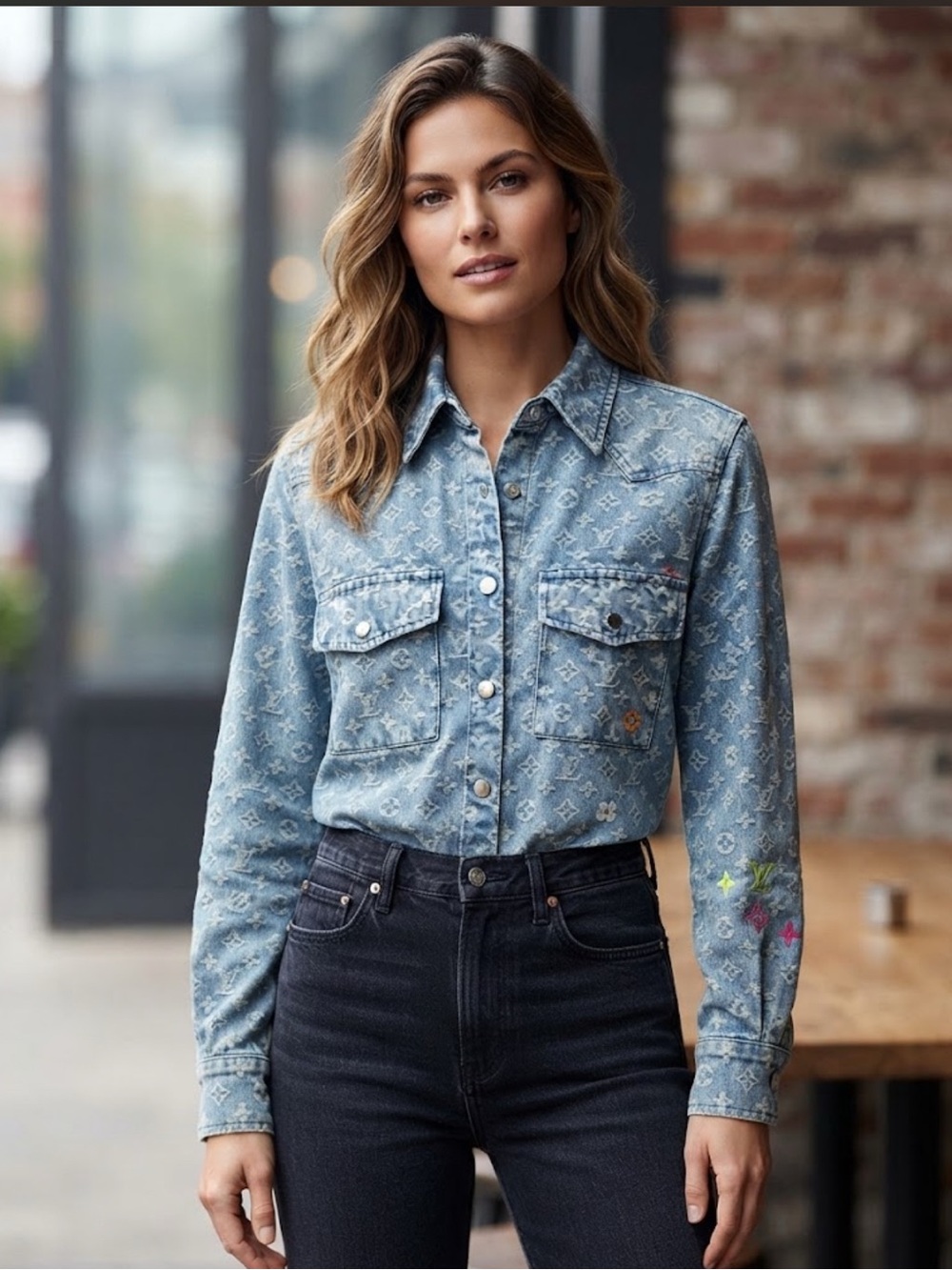 NWT FASHION Denim Logo Print Button-Up Shirt - Light Blue